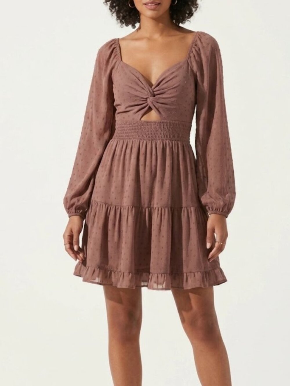 Jolt Boho Fairycore Mauve Swiss Dot Twist Front Cut Out Mini Dress Large